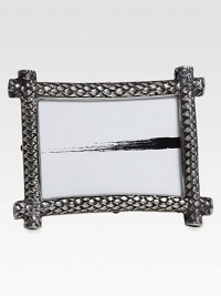 Rendered in brass-based metal and plated with an antique silver finish, this exotic-chic style is etched with an exquisite dragon-scale design.Holds 5 x 7 photosBrass and aluminumImported Rendered in brass-based metal and plated with an antique silver finish, this exotic-chic style is etched with an exquisite dragon-scale design.Holds 5 x 7 photosBrass and aluminumImported