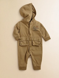 A rugged, expedition-inspired coverall is crafted in soft cotton jersey with timeless utility details.Attached hoodLong sleevesSnap-frontSnap-flap cargo pocketsBottom snapsCottonMachine washImported Please note: Number of buttons/snaps may vary depending on size ordered. A rugged, expedition-inspired coverall is crafted in soft cotton jersey with timeless utility details.Attached hoodLong sleevesSnap-frontSnap-flap cargo pocketsBottom snapsCottonMachine washImported Please note: Number of buttons/snaps may vary depending on size ordered.