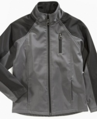 Sleek. He won't get stuck with a stale style with this streamlined microfleece wind jacket from Calvin Klein, the perfect fall style. Sleek. He won't get stuck with a stale style with this streamlined microfleece wind jacket from Calvin Klein, the perfect fall style.