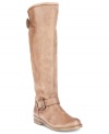 Take charge in this stylish style. Steve Madden's Lynxx tall shaft boots feature sturdy straps and a trendy exposed back zipper with red trim.