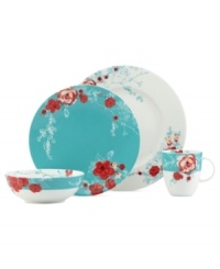 Chirp dinnerware takes on a whole new life in this flowery serving bowl from Lenox. Vibrant red blossoms paint a cheerful scene against a backdrop of turquoise and white. Chirp dinnerware takes on a whole new life in this flowery serving bowl from Lenox. Vibrant red blossoms paint a cheerful scene against a backdrop of turquoise and white.