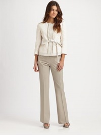 A timeless tweed with a touch of attitude, courtesy of fashion-forward python-patterned, suede details.Round neckThree-quarter sleevesSnap closureBelted designFlap pocketsEmbellished back yokeAbout 21 from shoulder to hem65% cotton/28% wool/7% nylonDry clean by leather specialistImported of Italian fabric Model shown is 5'9½ (176cm) wearing US size Small. OUR FIT MODEL RECOMMENDS ordering true size. A timeless tweed with a touch of attitude, courtesy of fashion-forward python-patterned, suede details.Round neckThree-quarter sleevesSnap closureBelted designFlap pocketsEmbellished back yokeAbout 21 from shoulder to hem65% cotton/28% wool/7% nylonDry clean by leather specialistImported of Italian fabric Model shown is 5'9½ (176cm) wearing US size Small. OUR FIT MODEL RECOMMENDS ordering true size.