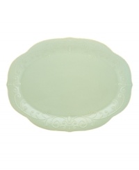 With fanciful beading and a feminine edge, this Lenox French Perle platter has an irresistibly old-fashioned sensibility. Hardwearing stoneware is dishwasher safe and, in an ethereal ice-blue hue with antiqued trim, a graceful addition to every meal. With fanciful beading and a feminine edge, this Lenox French Perle platter has an irresistibly old-fashioned sensibility. Hardwearing stoneware is dishwasher safe and, in an ethereal ice-blue hue with antiqued trim, a graceful addition to every meal.