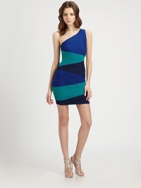 This sexy, form-fitting silhouette features delicately ruched colorblock panels.Asymmetrical necklineAllover ruchingPanel constructionConcealed side zipAbout 18 from natural waist80% polyster/20% spandexDry cleanImportedModel shown is 5'10 (177cm) wearing US size Small. This sexy, form-fitting silhouette features delicately ruched colorblock panels.Asymmetrical necklineAllover ruchingPanel constructionConcealed side zipAbout 18 from natural waist80% polyster/20% spandexDry cleanImportedModel shown is 5'10 (177cm) wearing US size Small.