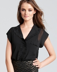 Ruffle things up in this sheer Aqua blouse, fresh and feminine for a season of endlessly chic looks. Ruffle things up in this sheer Aqua blouse, fresh and feminine for a season of endlessly chic looks.