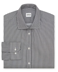 The foundation to a strong professional wardrobe starts with refined dress shirting. Pair this handsome banker stripe button-down with a lavish silk tie for a powerful office presentation. The foundation to a strong professional wardrobe starts with refined dress shirting. Pair this handsome banker stripe button-down with a lavish silk tie for a powerful office presentation.