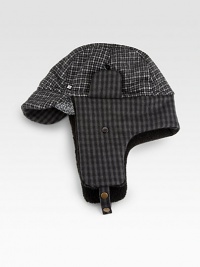 Mixed check trapper hat with soft brim and faux Sherpa lining.One size fits mostAcrylicDry cleanImported Mixed check trapper hat with soft brim and faux Sherpa lining.One size fits mostAcrylicDry cleanImported