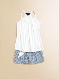 Adorable warm-weather shorts in crisp cotton gingham features finished cuffs and front pleating for a tailored look.Hook-and-eye closureWaistband with belt loops and floral ribbon belt with double D-ring pearlized closureZip flySide inseam pocketsBack button-through patch pocketCottonMachine washImported Adorable warm-weather shorts in crisp cotton gingham features finished cuffs and front pleating for a tailored look.Hook-and-eye closureWaistband with belt loops and floral ribbon belt with double D-ring pearlized closureZip flySide inseam pocketsBack button-through patch pocketCottonMachine washImported
