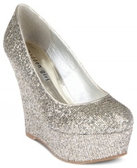 You'll be the life of the party in the Rock On platform wedges by Madden Girl. With a glittery upper and a teetering covered wedge, this shiny style will make any outfit sparkle. You'll be the life of the party in the Rock On platform wedges by Madden Girl. With a glittery upper and a teetering covered wedge, this shiny style will make any outfit sparkle.