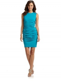 THE LOOKCinched ruched detail in frontRoundneckBack zip with hook-and-eye closureTHE FITAbout 35 from shoulder to hemTHE MATERIAL80% nylon/20% spandexFully linedCARE & ORIGINDry cleanImportedModel shown is 5'11 (180cm) wearing US size 4. THE LOOKCinched ruched detail in frontRoundneckBack zip with hook-and-eye closureTHE FITAbout 35 from shoulder to hemTHE MATERIAL80% nylon/20% spandexFully linedCARE & ORIGINDry cleanImportedModel shown is 5'11 (180cm) wearing US size 4.