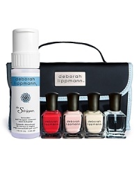 Because every manicure starts with fresh, clean nails, Deborah Lippmann included her polish remover, The Stripper, which really takes it all off. The aloe-infused formula hydrates the nails and its lavender scent enhances your environment.If there is one item Deborah can't be without, it's the Ridge Filler Base Coat-it lays a perfect foundation for any nail type and works wonders for filling in ridges on the nail bed for a smooth application. Its silk fibers will make your nails super smooth and healthy.Also included is Deborah's polish version of the little black dress: two classic shades, Before He Cheats (pink crème) and It's Raining Men (a timeless, Parisian red).Getting out the door has never been easier with Addicted to Speed, Deborah's quick dry solution for all you speed addicts. This top coat is a multi-tasker. Imagine: ultra-high gloss, longer wear and quick dry-all in one bottle.Now everywhere you go, you can Get Nailed! Because every manicure starts with fresh, clean nails, Deborah Lippmann included her polish remover, The Stripper, which really takes it all off. The aloe-infused formula hydrates the nails and its lavender scent enhances your environment.If there is one item Deborah can't be without, it's the Ridge Filler Base Coat-it lays a perfect foundation for any nail type and works wonders for filling in ridges on the nail bed for a smooth application. Its silk fibers will make your nails super smooth and healthy.Also included is Deborah's polish version of the little black dress: two classic shades, Before He Cheats (pink crème) and It's Raining Men (a timeless, Parisian red).Getting out the door has never been easier with Addicted to Speed, Deborah's quick dry solution for all you speed addicts. This top coat is a multi-tasker. Imagine: ultra-high gloss, longer wear and quick dry-all in one bottle.Now everywhere you go, you can Get Nailed!