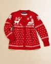 A charming crewneck cardigan in a soft blend of plush yarns captures the spirit of the season with a classic intarsia-knit reindeer design.CrewneckLong puffed sleevesButton-frontCottonHand washImported Please note: Number of buttons/snaps may vary depending on size ordered. 