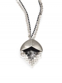 THE LOOKGeometric pendant with dangling disc detailsDouble disc chainMetal logo charmCircle claspBrass with silver oxide & hematite finishTHE MEASUREMENTPendant width, about 2½Pendant length, about 3½Length, about 29ORIGINImported THE LOOKGeometric pendant with dangling disc detailsDouble disc chainMetal logo charmCircle claspBrass with silver oxide & hematite finishTHE MEASUREMENTPendant width, about 2½Pendant length, about 3½Length, about 29ORIGINImported
