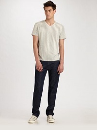 A relaxed, straight-leg fit in classic American denim characterized by a rich, inky wash and clean finish. Five-pocket style Low rise Leather logo patch on back waist Inseam, about 34 Cotton Machine wash Made in USA A relaxed, straight-leg fit in classic American denim characterized by a rich, inky wash and clean finish. Five-pocket style Low rise Leather logo patch on back waist Inseam, about 34 Cotton Machine wash Made in USA