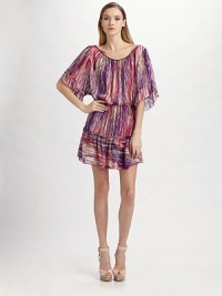 Gathered peasant silhouette, crafted in featherweight silk with textured striping for added intrigue.Boatneck Flutter sleeves hit at elbow Blouson waist Ruffled trim above hem About 36 from natural waist Silk Dry clean Imported Gathered peasant silhouette, crafted in featherweight silk with textured striping for added intrigue.Boatneck Flutter sleeves hit at elbow Blouson waist Ruffled trim above hem About 36 from natural waist Silk Dry clean Imported
