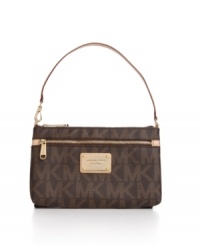 Feel rich, be rich. An 18K gold logo plaque embellishes this monogram wristlet from MICHAEL Michael Kors with luxe appeal, and card slots within make it easy to organize. Feel rich, be rich. An 18K gold logo plaque embellishes this monogram wristlet from MICHAEL Michael Kors with luxe appeal, and card slots within make it easy to organize.