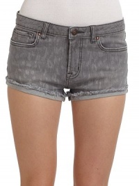 THE LOOKGrey denim with faint leopard pattern Narrow waistband with belt loops and logo button closureFront zipper5-pocket styleCurved frayed cuffed hemBack waist logo patchTHE FITRise, about 8½Inseam, about 2THE MATERIAL98% cotton/2% spandexCARE & ORIGINMachine washImportedModel shown is 5'9 (175cm) wearing US size 4. THE LOOKGrey denim with faint leopard pattern Narrow waistband with belt loops and logo button closureFront zipper5-pocket styleCurved frayed cuffed hemBack waist logo patchTHE FITRise, about 8½Inseam, about 2THE MATERIAL98% cotton/2% spandexCARE & ORIGINMachine washImportedModel shown is 5'9 (175cm) wearing US size 4.