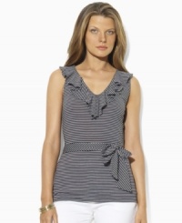 A curve-clinging blend of cotton and modal gives this Lauren by Ralph Lauren striped V-neck top a chic, feminine silhouette, finished with airy ruffles and a self-tie sash for ultra-flirty appeal. A curve-clinging blend of cotton and modal gives this Lauren by Ralph Lauren striped V-neck top a chic, feminine silhouette, finished with airy ruffles and a self-tie sash for ultra-flirty appeal.