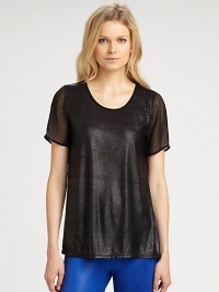 Shimmery coating gives this relaxed top a leather-like front panel, while silk chiffon trim adds a dose of mystery. RoundneckShort silk chiffon sleevesSilk chiffon backBody: ViscoseTrim: SilkDry cleanImportedModel shown is 5'10 (177cm) wearing US size Small. Shimmery coating gives this relaxed top a leather-like front panel, while silk chiffon trim adds a dose of mystery. RoundneckShort silk chiffon sleevesSilk chiffon backBody: ViscoseTrim: SilkDry cleanImportedModel shown is 5'10 (177cm) wearing US size Small.