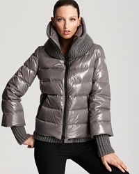 Soft, chunky knit trim lends a sweater-like feel to Moncler's Cigale down coat, an ultra-cozy style with trend-right staying power. An interior bib gives an extra layer or warmth. Soft, chunky knit trim lends a sweater-like feel to Moncler's Cigale down coat, an ultra-cozy style with trend-right staying power. An interior bib gives an extra layer or warmth.