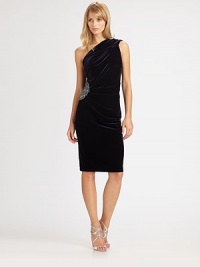 Deeply-hued, plush velvet, embellished with a luxe jeweled panel at the hip.Asymmetrical necklineOne-shoulderConcealed back zipRuched bodiceFully linedAbout 27 from natural waistPolyester/spandexDry cleanMade in USA of imported fabricModel shown is 5'10 wearing US size 4. Deeply-hued, plush velvet, embellished with a luxe jeweled panel at the hip.Asymmetrical necklineOne-shoulderConcealed back zipRuched bodiceFully linedAbout 27 from natural waistPolyester/spandexDry cleanMade in USA of imported fabricModel shown is 5'10 wearing US size 4.