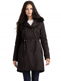 THE LOOKTailored from a water-resistant coated cotton/nylon blendZip-off hood with faux fur liningNotched collar with removable faux fur trim Double-breasted button frontChest gun flapsDual front welt pocketsDrawstring waistLong sleeves with belted snap cuffsCenter back vent with drawstringZip-out faux fur liningTHE FITAbout 33 from shoulder to hemTHE MATERIALShell: cotton/nylonFaux fur trim: acrylic/modacrylic/polyesterLining: THE LOOKTailored from a water-resistant coated cotton/nylon blendZip-off hood with faux fur liningNotched collar with removable faux fur trim Double-breasted button frontChest gun flapsDual front welt pocketsDrawstring waistLong sleeves with belted snap cuffsCenter back vent with drawstringZip-out faux fur liningTHE FITAbout 33 from shoulder to hemTHE MATERIALShell: cotton/nylonFaux fur trim: acrylic/modacrylic/polyesterLining: