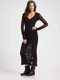 Sultry lace v-neck with a semi-sheer back, hem and sleeves. V-neck Long, semi-sheer sleeves Semi-sheer back Fully lined About 16 from natural waist 89% polyamide/8% elastane/3% viscose Dry clean Made in USA of French fabric Sultry lace v-neck with a semi-sheer back, hem and sleeves. V-neck Long, semi-sheer sleeves Semi-sheer back Fully lined About 16 from natural waist 89% polyamide/8% elastane/3% viscose Dry clean Made in USA of French fabric