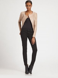 An edgy-yet-feminine design featuring seamed shoulders and sleeves enhanced with knit for a close-to-the-body fit. Round neckChic shoulder detailsKnit detail on long sleevesAsymmetrical front zipperPrincess seamsSlash pocketsFully linedAbout 18 from shoulder to hemLeatherDry clean by leather specialistImported Model shown is 5'9 (175cm) wearing US size Small. An edgy-yet-feminine design featuring seamed shoulders and sleeves enhanced with knit for a close-to-the-body fit. Round neckChic shoulder detailsKnit detail on long sleevesAsymmetrical front zipperPrincess seamsSlash pocketsFully linedAbout 18 from shoulder to hemLeatherDry clean by leather specialistImported Model shown is 5'9 (175cm) wearing US size Small.