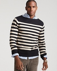 Sporting navy and white stripes, this Michael Kors sweater is a smart nod to nautical-inspired style. Sporting navy and white stripes, this Michael Kors sweater is a smart nod to nautical-inspired style.