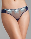 A solid mesh thong with butterfly embroidery all over, a playful style from Betsey Johnson.
