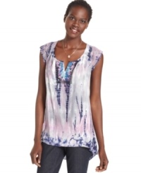 Add an exotic spin to your wardrobe in One World's tie-dye shirt, featuring eyelet cap sleeves and embroidery at the neckline. Add an exotic spin to your wardrobe in One World's tie-dye shirt, featuring eyelet cap sleeves and embroidery at the neckline.