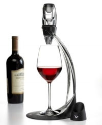 Everything but the bottle. A must for wine lovers, the smart, easy-to-use Vinturi wine aerator instantly enhances flavor, bouquet and finish as red wine pours from bottle to glass. An accompanying tower facilitates a one-handed pour and the stand prevents drips in between servings. Everything but the bottle. A must for wine lovers, the smart, easy-to-use Vinturi wine aerator instantly enhances flavor, bouquet and finish as red wine pours from bottle to glass. An accompanying tower facilitates a one-handed pour and the stand prevents drips in between servings.