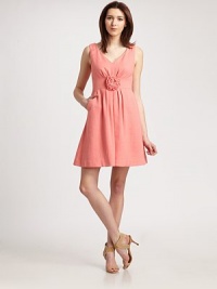 Effortlessly chic, this sleeveless design features an ultra-feminine rosette detail at the waist and a full skirt for a beyond-flattering look. V-neckline Sleeveless Rosette waist detail Slash pockets Back zipper About 20 from natural waist 43% rayon/28% polyester/24% linen/5% cotton Polyester lining Dry clean only Imported Model shown is 5'11½ (181cm) wearing US size 4. Effortlessly chic, this sleeveless design features an ultra-feminine rosette detail at the waist and a full skirt for a beyond-flattering look. V-neckline Sleeveless Rosette waist detail Slash pockets Back zipper About 20 from natural waist 43% rayon/28% polyester/24% linen/5% cotton Polyester lining Dry clean only Imported Model shown is 5'11½ (181cm) wearing US size 4.