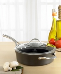 Sauté vegetables, lean cuts of meat and more in this versatile 3-quart pan. Part of the contemporary nonstick collection, it has a unique vessel shape and hard-anodized construction. Loaded with intelligent features like a capacity indicator line on the rim, high sides to contain flipped and shaken food, a durable tempered glass lid and an ergonomic handle that stays cool during stovetop cooking. Sauté vegetables, lean cuts of meat and more in this versatile 3-quart pan. Part of the contemporary nonstick collection, it has a unique vessel shape and hard-anodized construction. Loaded with intelligent features like a capacity indicator line on the rim, high sides to contain flipped and shaken food, a durable tempered glass lid and an ergonomic handle that stays cool during stovetop cooking.