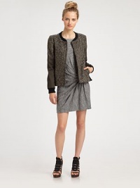 Contrast trim, modern seaming and tweed paneling define this trend-forward jacket. RoundneckLong sleeves with banded cuffsSlash pocketsFront zipperBanded hemAbout 23 from shoulder to hem50% acrylic/30% cotton/13% wool/5% polyester/2% nylonDry cleanMade in USA of Italian fabricModel shown is 5'10 (177cm) wearing US size 4. Contrast trim, modern seaming and tweed paneling define this trend-forward jacket. RoundneckLong sleeves with banded cuffsSlash pocketsFront zipperBanded hemAbout 23 from shoulder to hem50% acrylic/30% cotton/13% wool/5% polyester/2% nylonDry cleanMade in USA of Italian fabricModel shown is 5'10 (177cm) wearing US size 4.