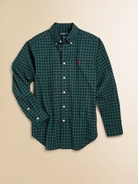 A button-down shirt in soft cotton poplin is perfectly preppy in a bold-hued plaid.Button-down collarLong sleeves with barrel cuffsButton-frontSplit back yokeShirttail hemCottonMachine washImported Please note: Number of buttons may vary depending on size ordered. A button-down shirt in soft cotton poplin is perfectly preppy in a bold-hued plaid.Button-down collarLong sleeves with barrel cuffsButton-frontSplit back yokeShirttail hemCottonMachine washImported Please note: Number of buttons may vary depending on size ordered.