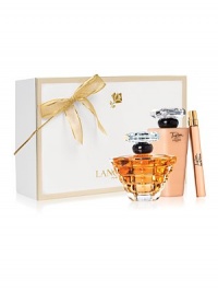 For the Holiday, TRESOR captures the spirit of eternal love. This collection combines the elegance of rose, muguet and lilac with the sparkle of peach and apricot blossom for an elegant and radiant fragrance. Gift Set Contains: Tresor 1 oz. Fragrance Spray, Tresor 3.4 oz. Body Lotion, Tresor 0.34 oz. Purse Spray. For the Holiday, TRESOR captures the spirit of eternal love. This collection combines the elegance of rose, muguet and lilac with the sparkle of peach and apricot blossom for an elegant and radiant fragrance. Gift Set Contains: Tresor 1 oz. Fragrance Spray, Tresor 3.4 oz. Body Lotion, Tresor 0.34 oz. Purse Spray.