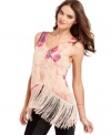 Fringe trim adds texture and movement to this RACHEL Rachel Roy floral-print tank -- perfect for a chic day-to-night look!