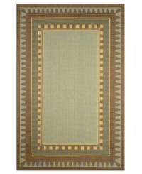 Indoors or out, this versatile rug makes every environment more inviting. Designed for use in high-traffic rooms or fashionable outdoor patios, this attractive piece takes a classic border design and updates it with distinctive lines and fresh aqua hues. UV-stabilized to resist fading. Indoors or out, this versatile rug makes every environment more inviting. Designed for use in high-traffic rooms or fashionable outdoor patios, this attractive piece takes a classic border design and updates it with distinctive lines and fresh aqua hues. UV-stabilized to resist fading.