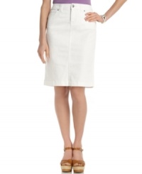 Style&co.'s denim skirt gets a fresh look with bright white. The tummy control panel ensures a smooth, lean silhouette! Style&co.'s denim skirt gets a fresh look with bright white. The tummy control panel ensures a smooth, lean silhouette!