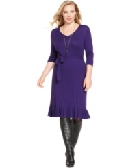 Fall in love with Spense's three-quarter-sleeve plus size sweater dress, finished by a belted waist and ruffled hem. Fall in love with Spense's three-quarter-sleeve plus size sweater dress, finished by a belted waist and ruffled hem.