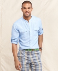 Get to the point. This collarless woven shirt from Tommy Hilfiger is cut in a slim fit for a hip, modern look. Get to the point. This collarless woven shirt from Tommy Hilfiger is cut in a slim fit for a hip, modern look.
