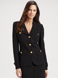 Wonderfully textural knit bouclé wool, in a classic silhouette dressed up with crepe marocain patch pockets and bold goldtone buttons.Notched lapelsButton frontCrepe marocain patch pockets with buttonsCrepe marocain tab details at cuffsAbout 25 from shoulder to hem72% wool/28% rayonDry cleanMade in USA Wonderfully textural knit bouclé wool, in a classic silhouette dressed up with crepe marocain patch pockets and bold goldtone buttons.Notched lapelsButton frontCrepe marocain patch pockets with buttonsCrepe marocain tab details at cuffsAbout 25 from shoulder to hem72% wool/28% rayonDry cleanMade in USA