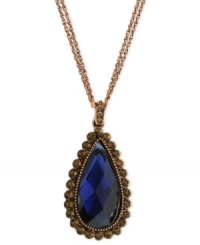 Cool in copper-tone, 2028 goes for ornate elegance with this pendant necklace. It also features a stunning blue stone for a fashionable touch. Approximate adjustable length: 16 inches + 3-inch extender. Approximate drop: 2-3/4 inches.