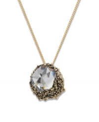 Modern glamour and luminous sparkle combine. Embellished in small Crystal Metallic Light Gold crystals, an exclusively-cut transparent centerpiece reflects the light magnificently. Swarovski pendant hangs from a gold tone mixed metal chain. Approximate length: 17 inches. Approximate drop: 1 inch. Modern glamour and luminous sparkle combine. Embellished in small Crystal Metallic Light Gold crystals, an exclusively-cut transparent centerpiece reflects the light magnificently. Swarovski pendant hangs from a gold tone mixed metal chain. Approximate length: 17 inches. Approximate drop: 1 inch.