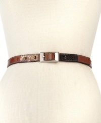 Wildly versatile. This slim leather belt from Fossil is dressed up in posh python-print with vintage-inspired detailing. Crafted of soft leather with a gleaming brass-tone buckle, it gives any outfit a serious fierce factor. Wildly versatile. This slim leather belt from Fossil is dressed up in posh python-print with vintage-inspired detailing. Crafted of soft leather with a gleaming brass-tone buckle, it gives any outfit a serious fierce factor.