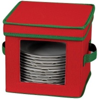 Household Essentials Holiday Dinnerware Storage Chest for Dessert Plates or Bowls, Red with Green Trim Household Essentials Holiday Dinnerware Storage Chest for Dessert Plates or Bowls, Red with Green Trim