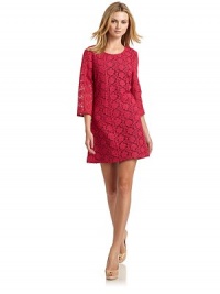 THE LOOKFloral embroidered lace overlayScoop necklineBust dartsThree-quarter length sleevesBack zipper with hook-and-eye closureContrast underlayTHE FITAbout 32 from shoulder to hemTHE MATERIALPolyesterFully linedCARE & ORIGINDry cleanImportedModel shown is 5'9½ (176cm) wearing US size Small. THE LOOKFloral embroidered lace overlayScoop necklineBust dartsThree-quarter length sleevesBack zipper with hook-and-eye closureContrast underlayTHE FITAbout 32 from shoulder to hemTHE MATERIALPolyesterFully linedCARE & ORIGINDry cleanImportedModel shown is 5'9½ (176cm) wearing US size Small.