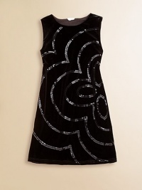 Crafted in stretchy plush velvet, this festive shift dress is given a dazzling update with a sequined design.Round necklineSleevelessPullover stylePolyester/SpandexMachine washImported Crafted in stretchy plush velvet, this festive shift dress is given a dazzling update with a sequined design.Round necklineSleevelessPullover stylePolyester/SpandexMachine washImported
