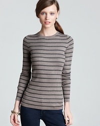 Woodsy stripes are classic on a Vince crewneck sweater, an updated basic of the transitional season that takes you from day to night with ease and comfort. Woodsy stripes are classic on a Vince crewneck sweater, an updated basic of the transitional season that takes you from day to night with ease and comfort.